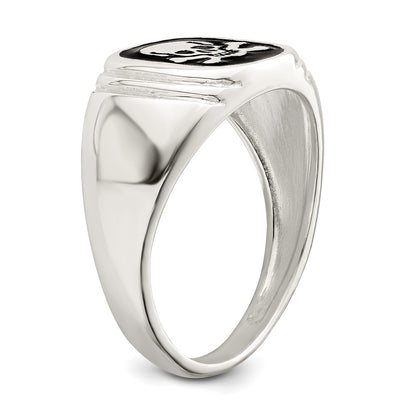Sterling Silver Black Enameled Mens Skull and Crossbones Ring