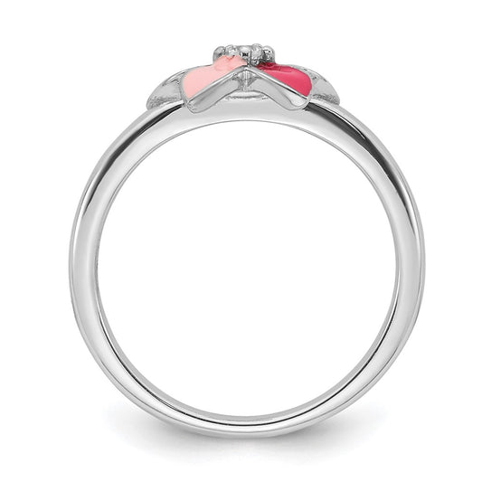 Sterling Silver RH-plated Pink Enameled & CZ Flower Children's Ring