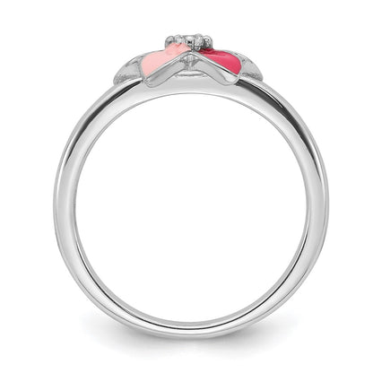 Sterling Silver RH-plated Pink Enameled & CZ Flower Children's Ring