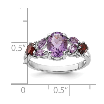 Sterling Silver Rh-plated Amethyst Pk Quartz Garnet and White Topaz Ring