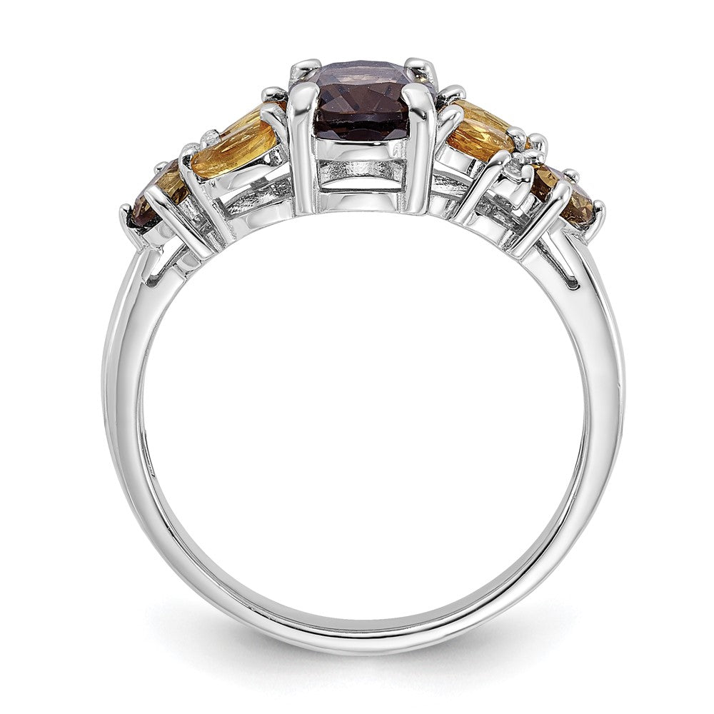 SS Rh Smoky and Whiskey Quartz Citrine White Topaz Ring