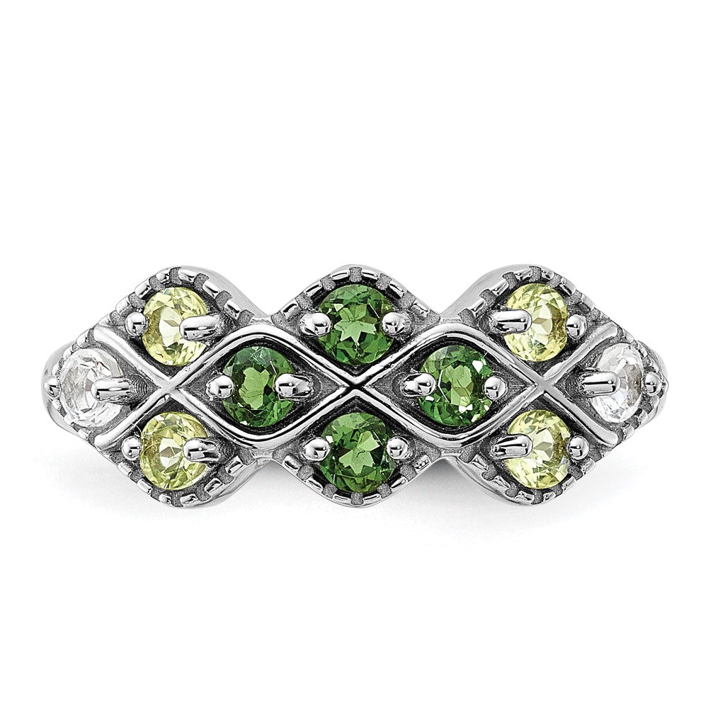 Sterling Silver Rhodium Chrome Diopside Peridot and White Topaz Ring