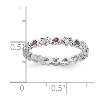 SS Rhodium-plated .14Lab Cr. Ruby and .27Cr. Wh Sapphire Heart Ring