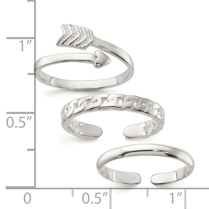 Sterling Silver Polished Arrow/Chain Link/Plain Set of 3 Toe Rings