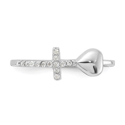 Sterling Silver Rhodium-plated Heart and CZ Cross Ring