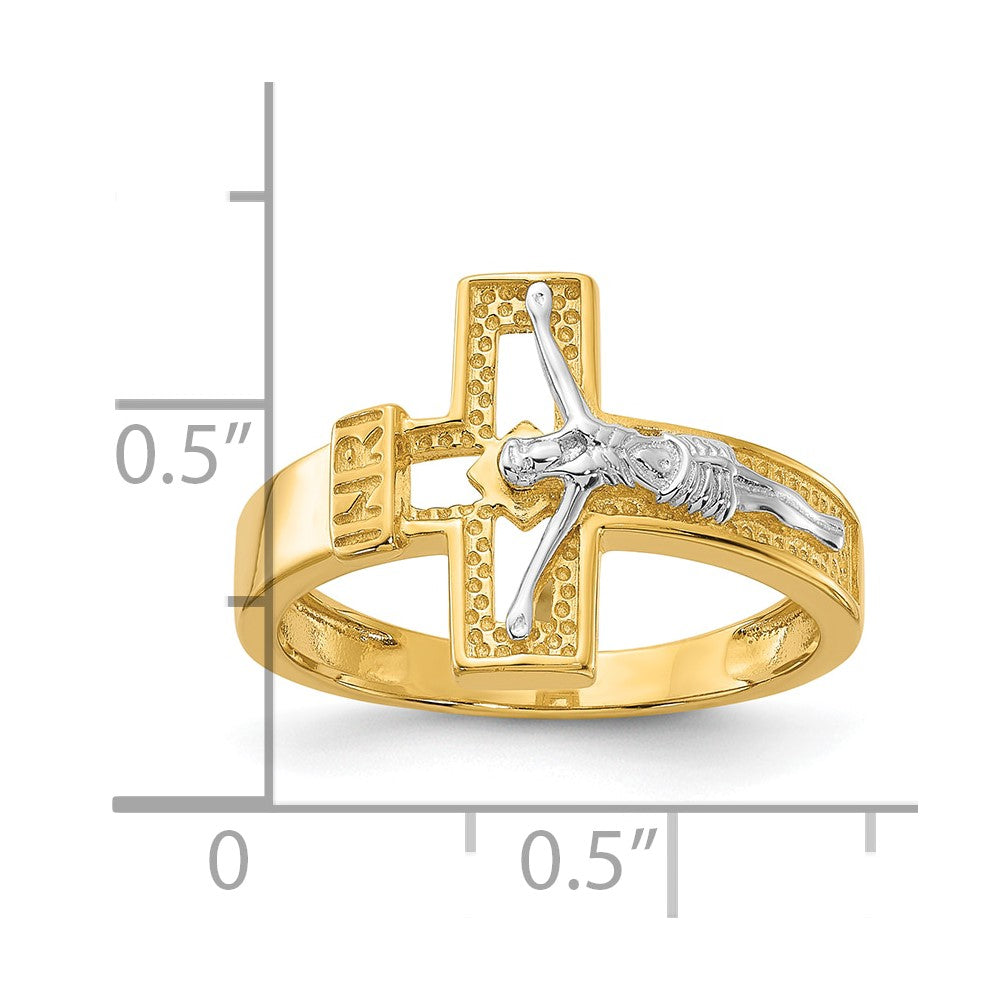 Sterling Silver Rhodium-plated Gold-tone INRI Crucifix Ring