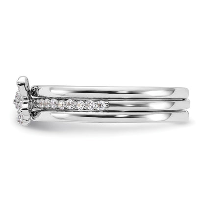 Sterling Silver RH-plated CZ Butterfly Ring with Two Plain Bands 3 Ring Set