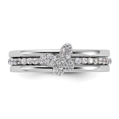 Sterling Silver RH-plated CZ Butterfly Ring with Two Plain Bands 3 Ring Set