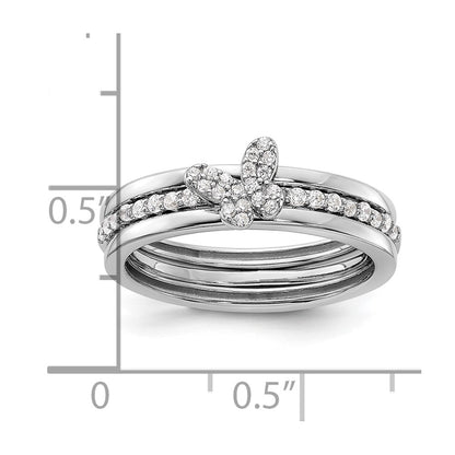 Sterling Silver RH-plated CZ Butterfly Ring with Two Plain Bands 3 Ring Set