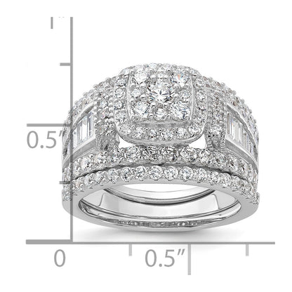Sterling Silver Rhodium-plated CZ Engagement Ring w/2 Bands 3 Ring Set