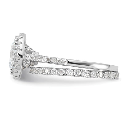Sterling Silver Rh-plt 11mm CZ Halo Engagement/Eternity Band 2 Ring Set