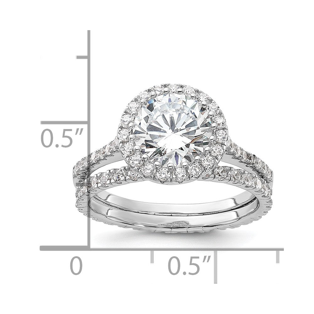 Sterling Silver Rh-plt 11mm CZ Halo Engagement/Eternity Band 2 Ring Set