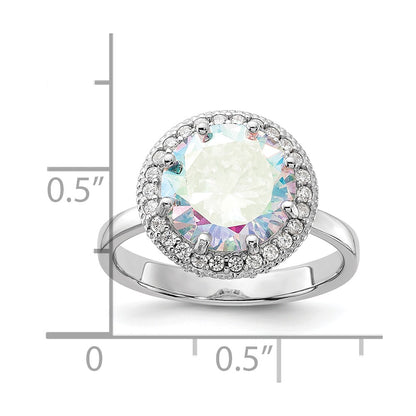 Sterling Silver Rhodium-plated Clear and Iridescent CZ Rnd Halo Ring