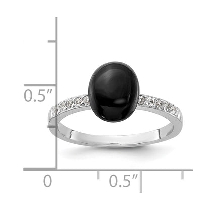 Sterling Silver Rhodium-plated Onyx and .2WT White Topaz Ring