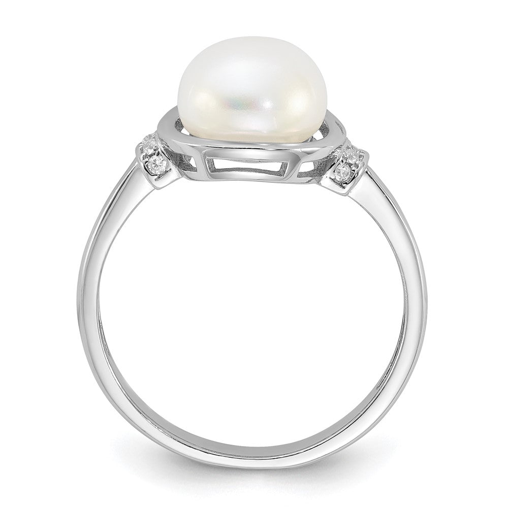 Sterling Silver Rhodium-plated 8-9mm White Button Freshwater Cultured Pearl and CZ Circle Ring