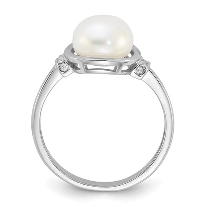 Sterling Silver Rhodium-plated 8-9mm White Button Freshwater Cultured Pearl and CZ Circle Ring