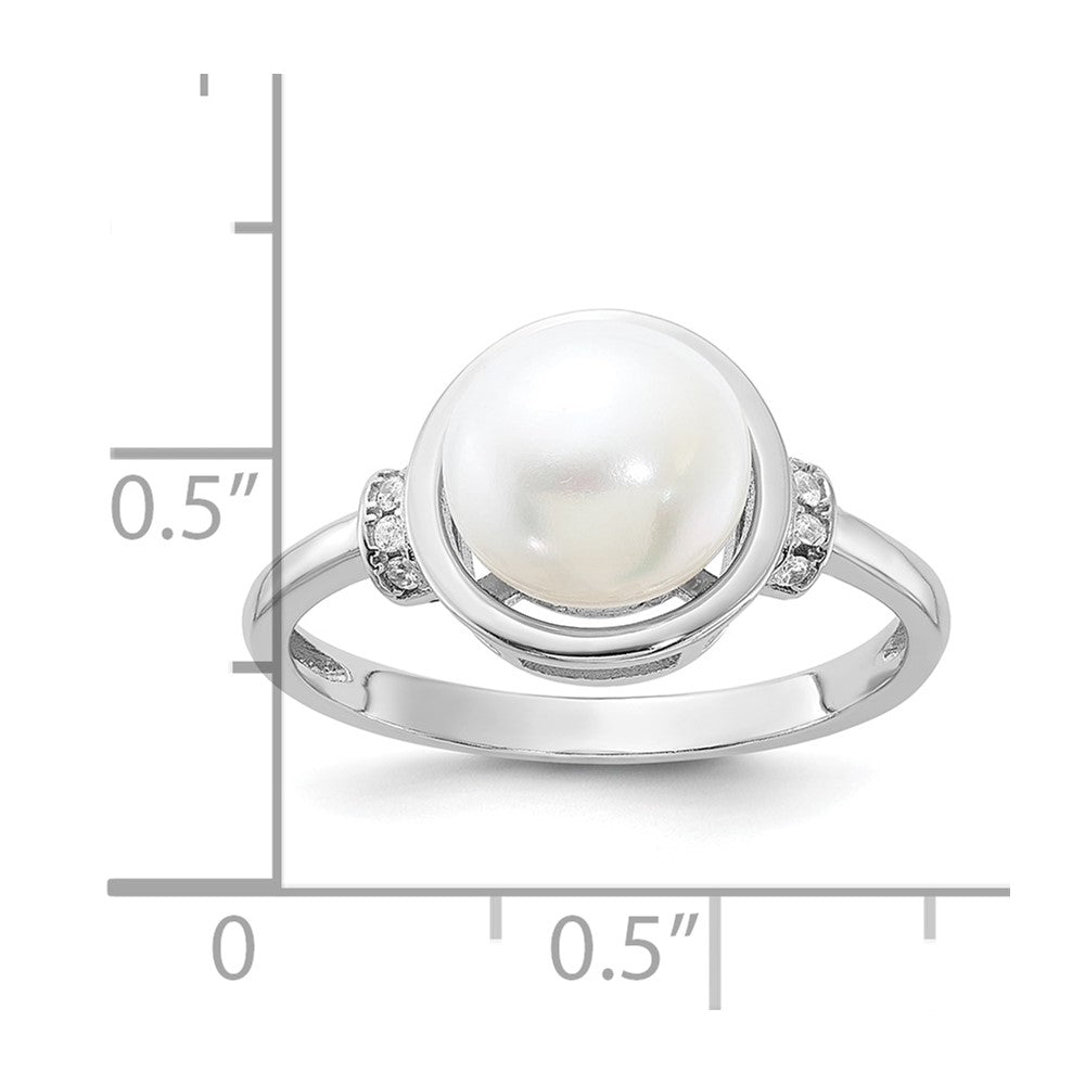 Sterling Silver Rhodium-plated 8-9mm White Button Freshwater Cultured Pearl and CZ Circle Ring