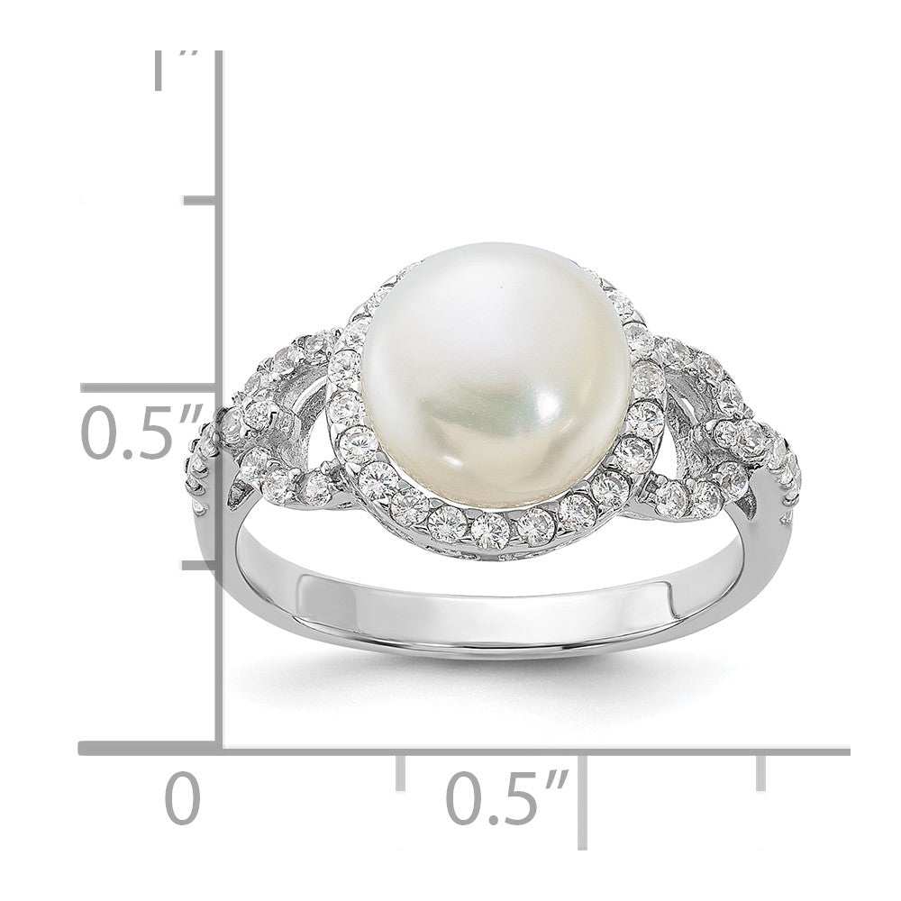 Sterling Silver Rhodium-plated 9-10mm White Button Freshwater Cultured Pearl and CZ Ring