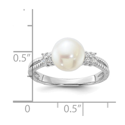 Sterling Silver Rhodium-plated 8-9mm White Button Freshwater Cultured Pearl and CZ Ring