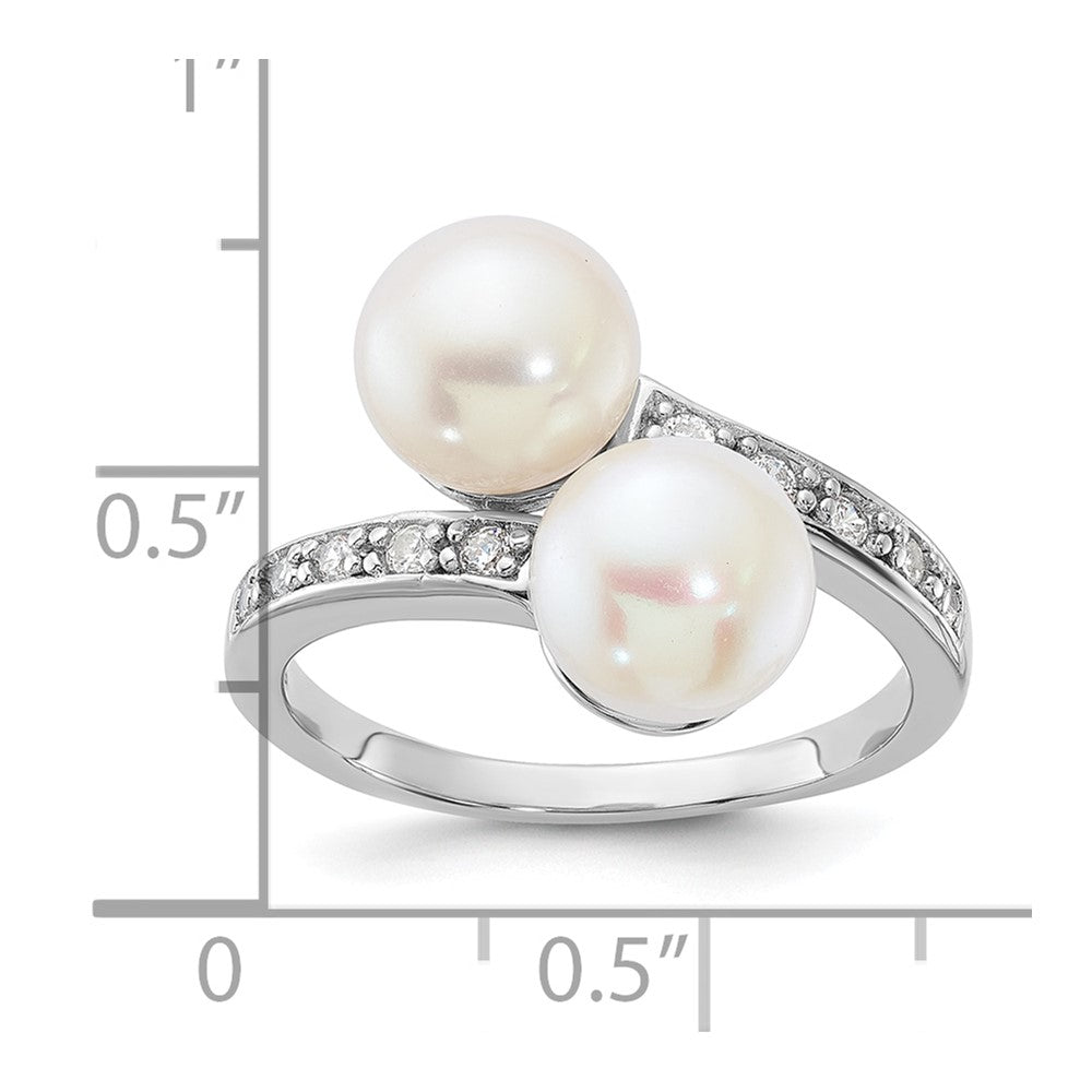 Sterling Silver Rhodium-plated 8-9mm White Button Freshwater Cultured Pearl and CZ Bypass Ring