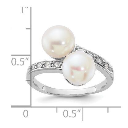 Sterling Silver Rhodium-plated 8-9mm White Button Freshwater Cultured Pearl and CZ Bypass Ring
