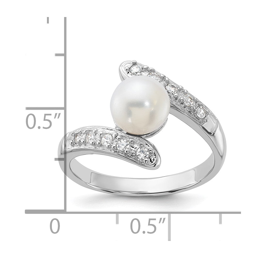 Sterling Silver Rhodium-plated 6-7mm White Freshwater Cultured Pearl and CZ Bypass Ring