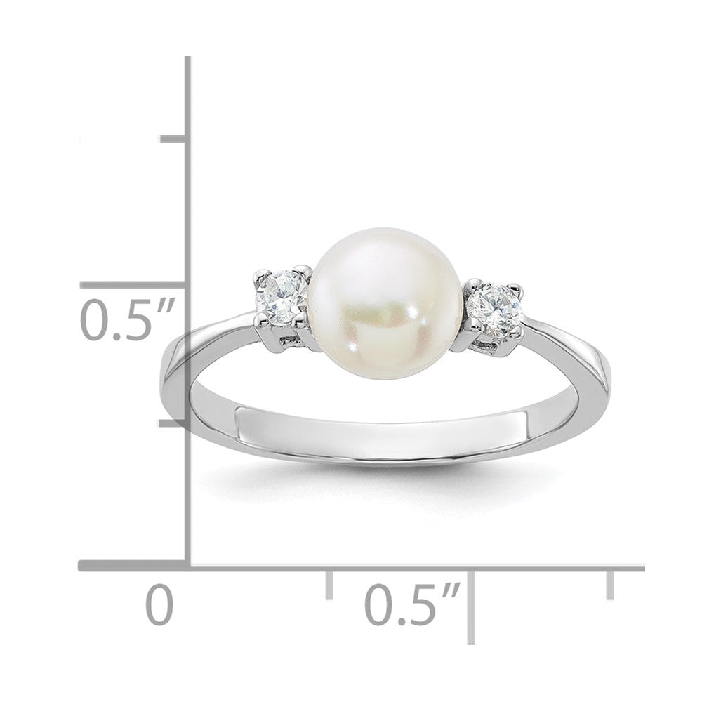 Sterling Silver Rhodium-plated 6-7mm White Freshwater Cultured Pearl and CZ Ring