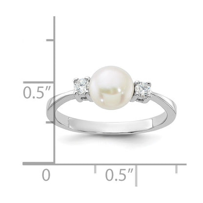 Sterling Silver Rhodium-plated 6-7mm White Freshwater Cultured Pearl and CZ Ring
