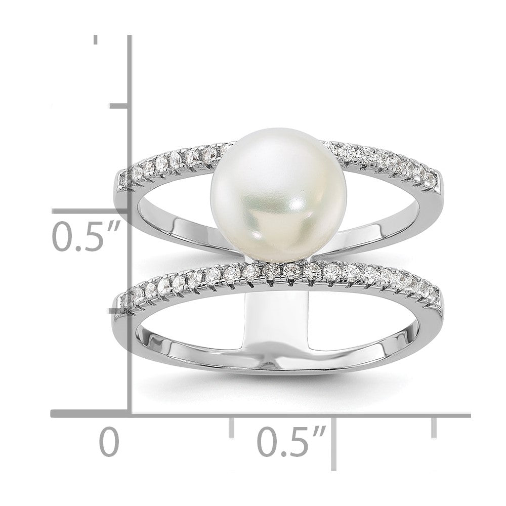 Sterling Silver Rhodium-plated 8-9mm White Freshwater Cultured Pearl and CZ Ring