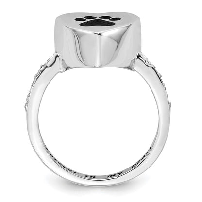 Sterling Silver Rhodium-plated CZ Shank Heart Enameled Paw Print FOREVER IN MY HEART (Inside) Ash Holder Size 6 Ring