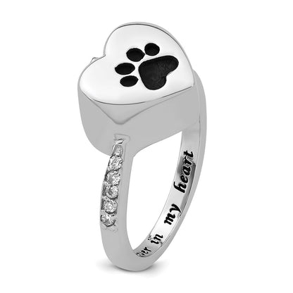 Sterling Silver Rhodium-plated CZ Shank Heart Enameled Paw Print FOREVER IN MY HEART (Inside) Ash Holder Size 7 Ring