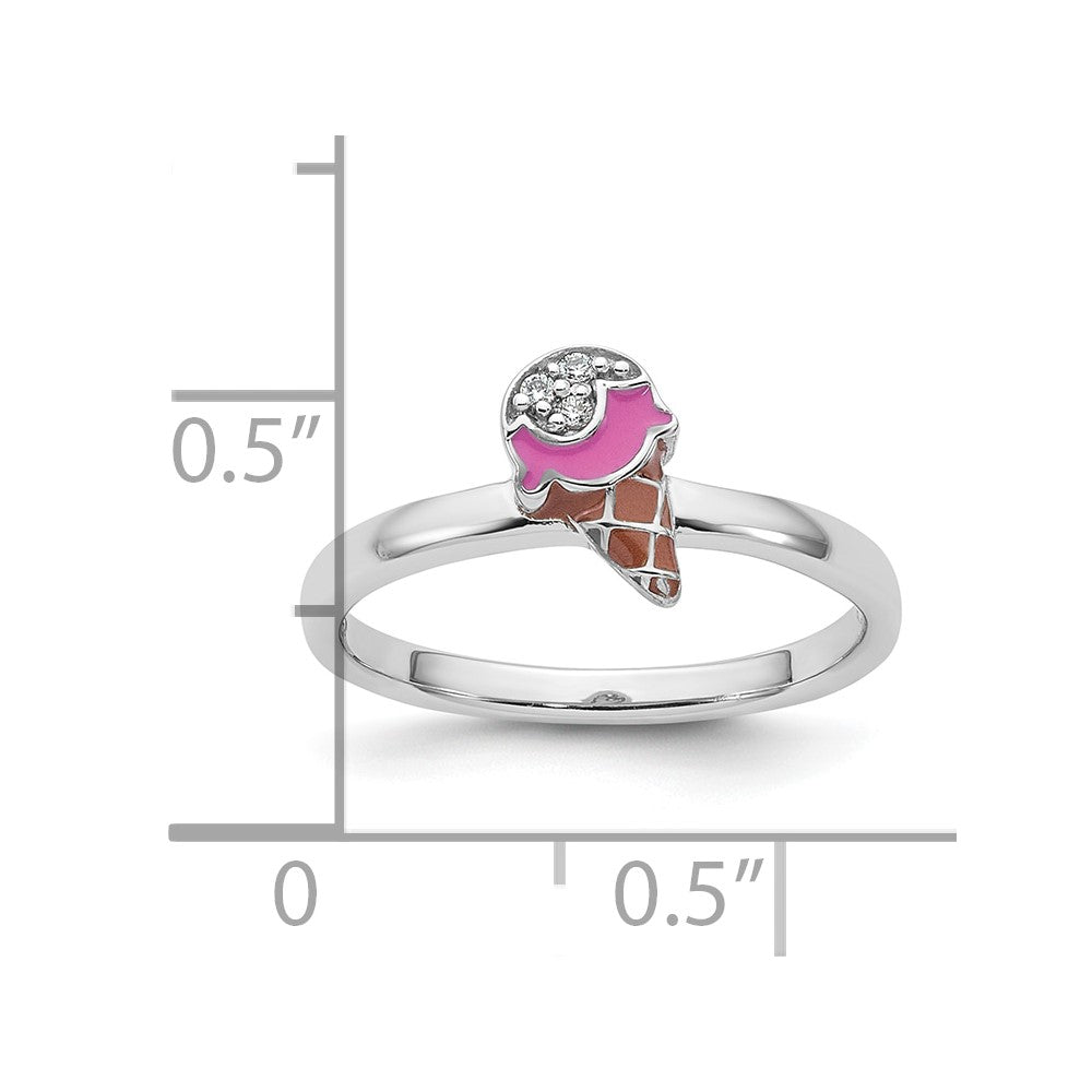 Sterling Silver Rhodium-plated Children's Size 3 Pink and Brown Enamel with CZ Ice Cream Cone Ring