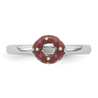 Sterling Silver Rhodium-plated Children's Size 4 Brown with Pink and White Enamel Sprinkled Donut Ring