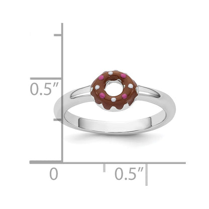 Sterling Silver Rhodium-plated Children's Size 4 Brown with Pink and White Enamel Sprinkled Donut Ring