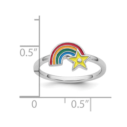 Sterling Silver Rhodium-plated Children's Size 3 Multicolored Enameled Rainbow with Star Ring