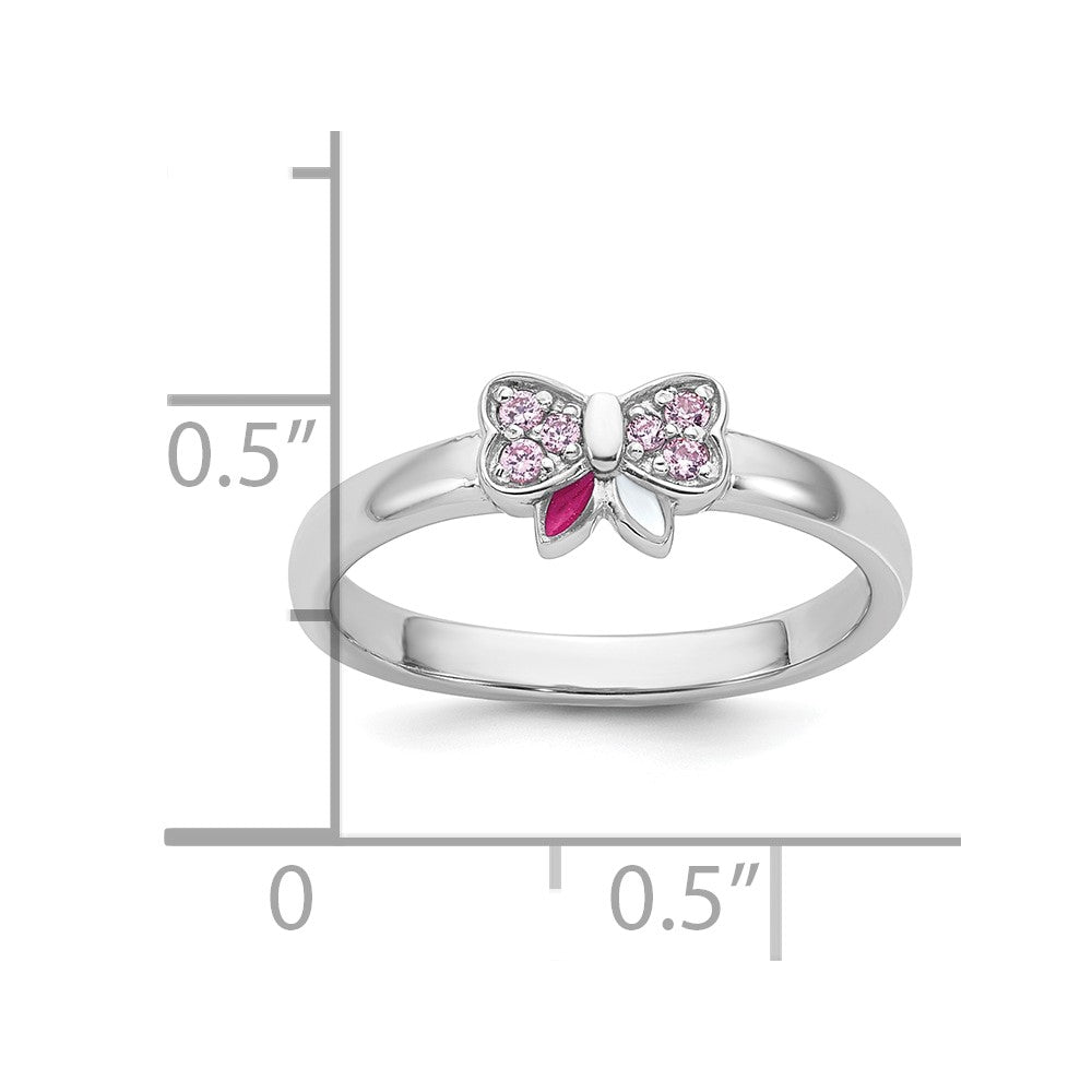 Sterling Silver Rhodium-plated Children's Size 3 Pink CZ with Pink and White Enamel Bow Ring