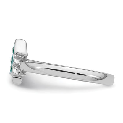 Sterling Silver Rhodium-plated Children's Size 4 Green Enamel Christmas Tree with Hearts Ring