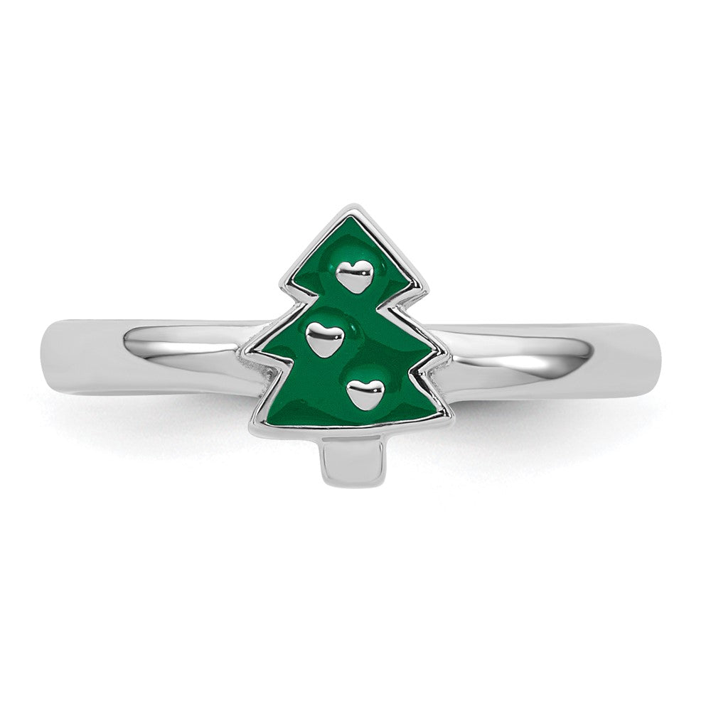 Sterling Silver Rhodium-plated Children's Size 4 Green Enamel Christmas Tree with Hearts Ring