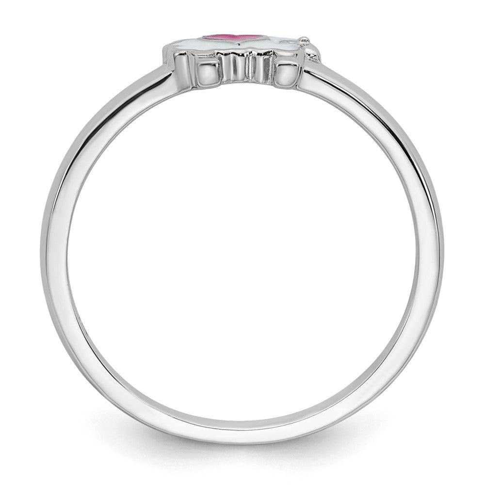 Sterling Silver Rhodium-plated Children's Size 3 White and Pink Enamel Sheep with Heart Ring