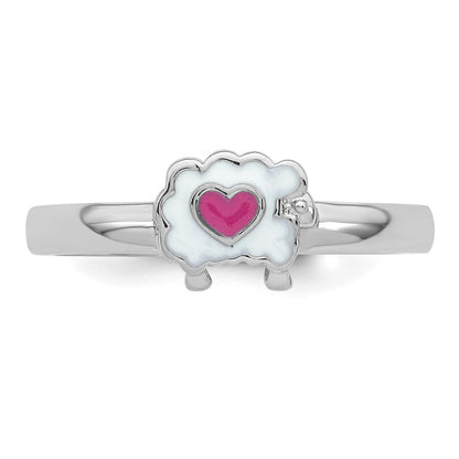 Sterling Silver Rhodium-plated Children's Size 3 White and Pink Enamel Sheep with Heart Ring