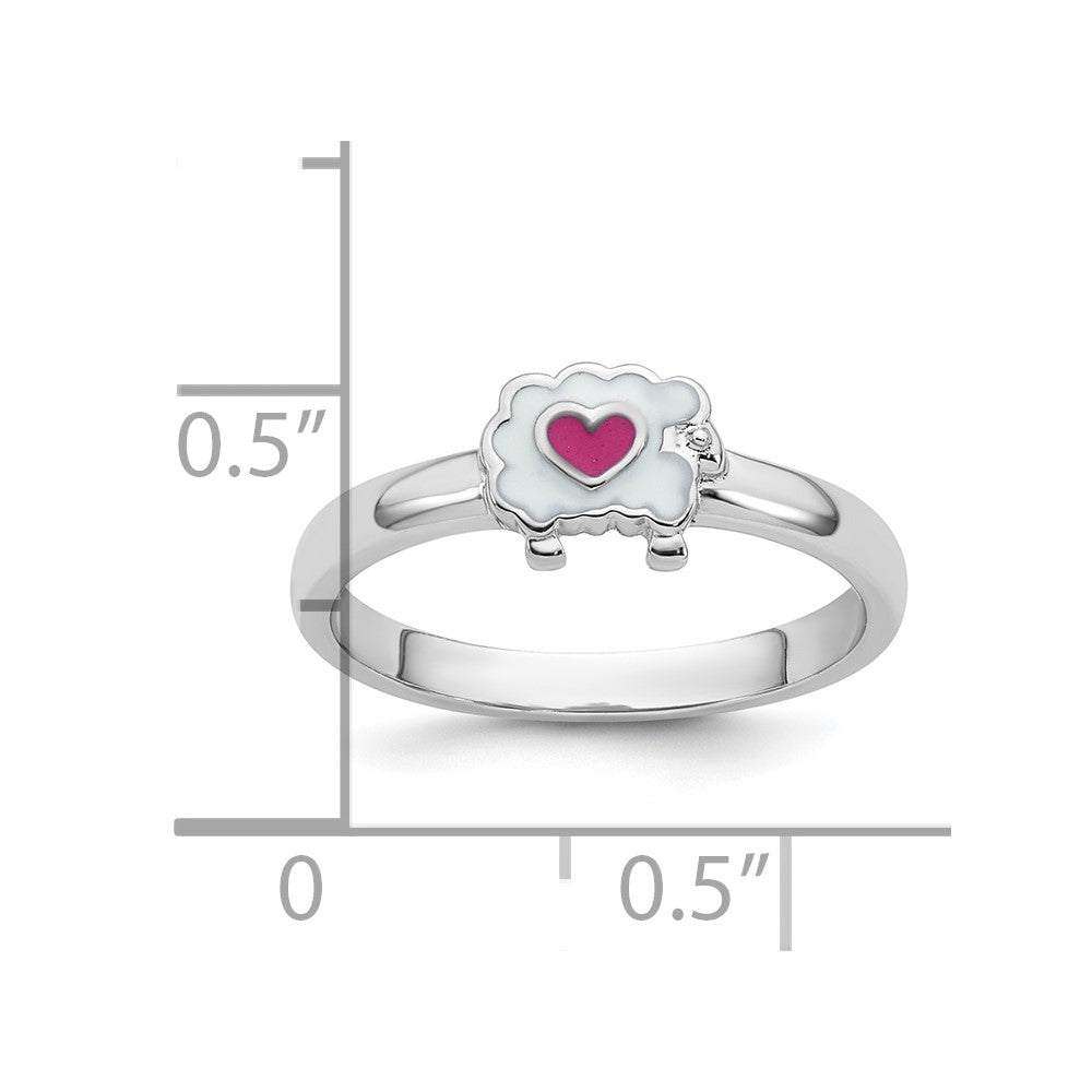 Sterling Silver Rhodium-plated Children's Size 3 White and Pink Enamel Sheep with Heart Ring
