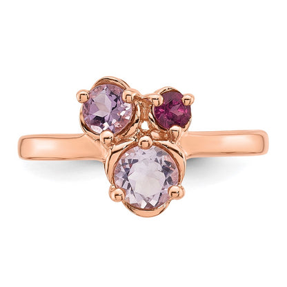 Sterling Silver Rose Gold-plated Polished Round Amethyst, Pink Quartz and Rhodolite Garnet Size 7 Ring