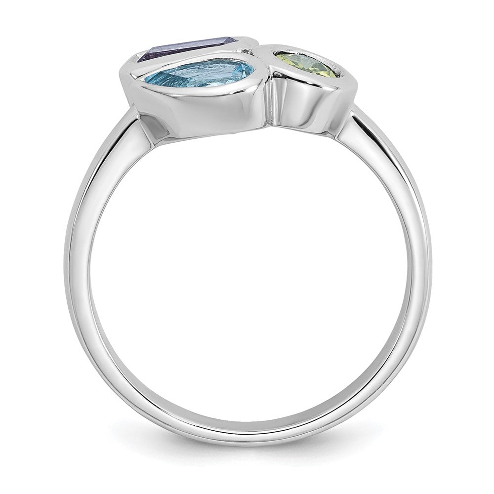 Sterling Silver Rhodium-plated Polished Pear Blue Topaz, Oval Peridot and Emerald-cut Amethyst Size 8 Ring