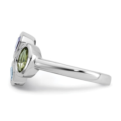 Sterling Silver Rhodium-plated Polished Pear Blue Topaz, Oval Peridot and Emerald-cut Amethyst Size 7 Ring