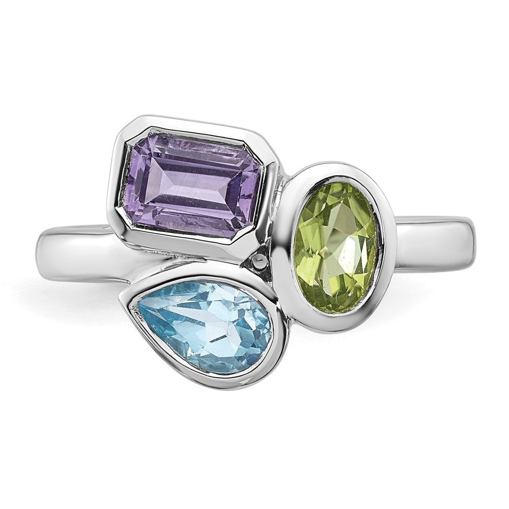 Sterling Silver Rhodium-plated Polished Pear Blue Topaz, Oval Peridot and Emerald-cut Amethyst Size 6 Ring