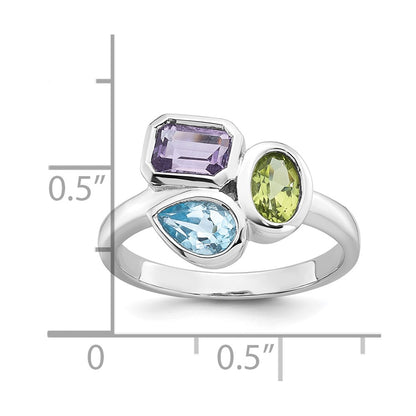 Sterling Silver Rhodium-plated Polished Pear Blue Topaz, Oval Peridot and Emerald-cut Amethyst Size 8 Ring