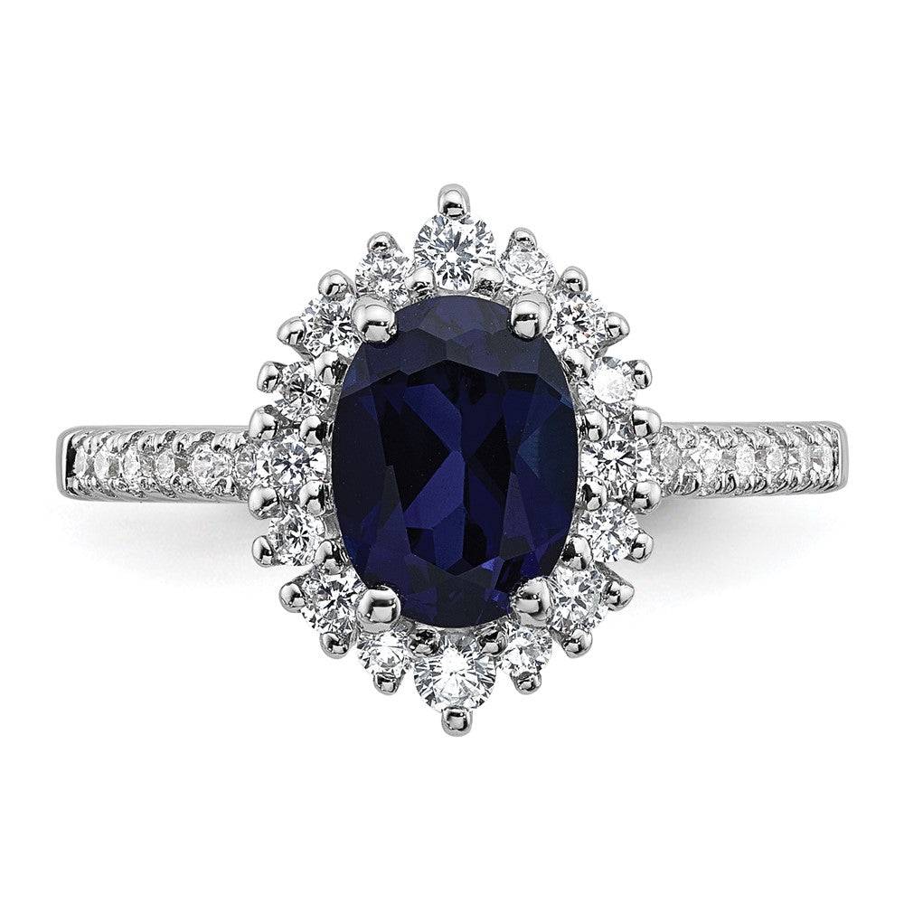 Sterling Silver Rhodium-plated Polished Lab Created Sapphire and CZ Oval Halo Size 7 Ring