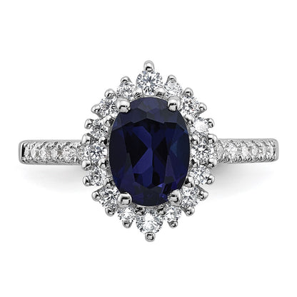 Sterling Silver Rhodium-plated Polished Lab Created Sapphire and CZ Oval Halo Size 7 Ring