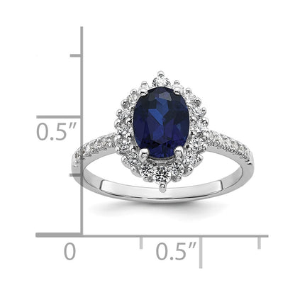 Sterling Silver Rhodium-plated Polished Lab Created Sapphire and CZ Oval Halo Size 8 Ring