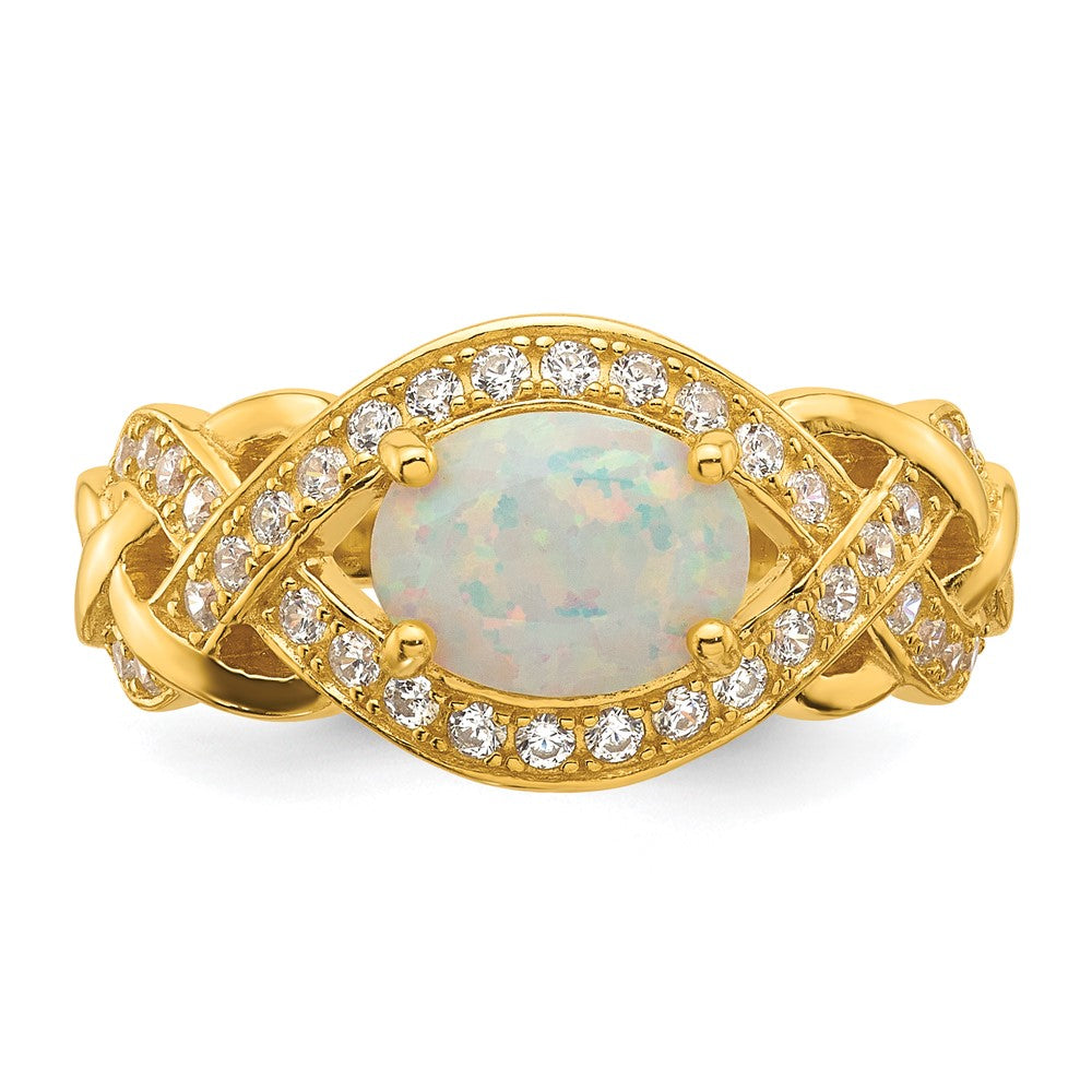 Sterling Silver Gold-tone Polished CZ and Lab Created Opal Size 6 Twisted Ring